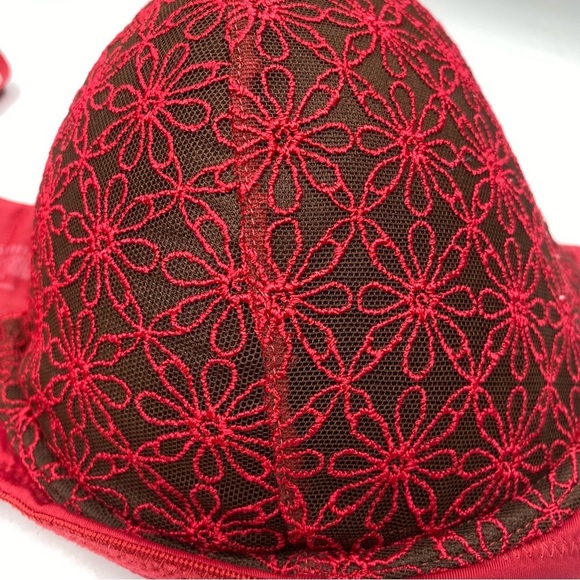 Vassarette Daisy Lace Overlay Bra Lined Underwire 38DD Red Sexy Lingerie Padded - Picture 3 of 6